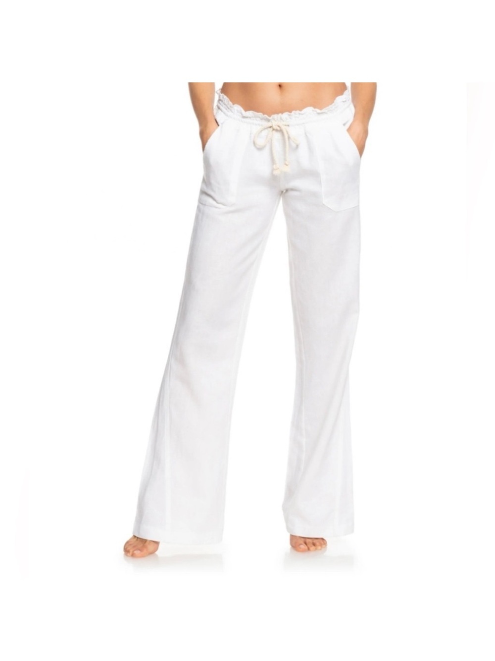 ROXY Oceanside Linen Blend Mid-Rise Flared 32” Inseam Pant White Size Large
